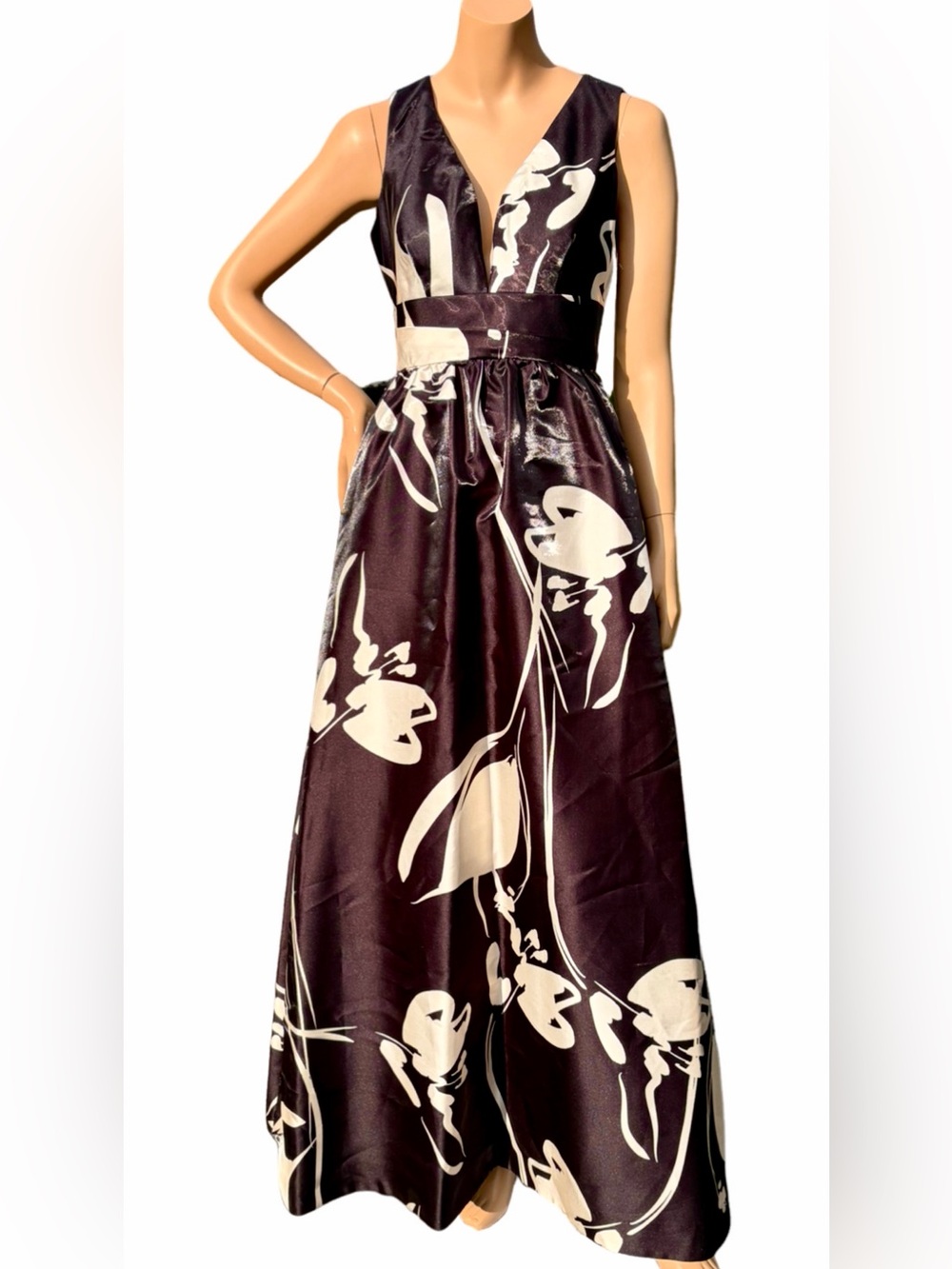 Donna Karan NY NWT Plum Black Ivory Floral Satin Maxi Gown Dress Size 2